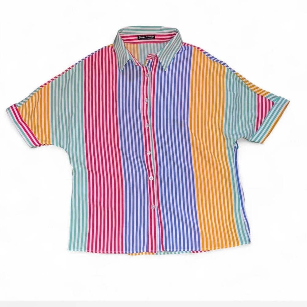 Greathe Rainbow Striped Button Up Blouse Women’s Large Colorful Retro Shirt